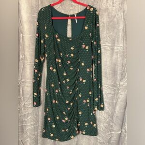 Free People Celia Mini Long Sleeve Square Neck Keyhole Back Dress Size XL green